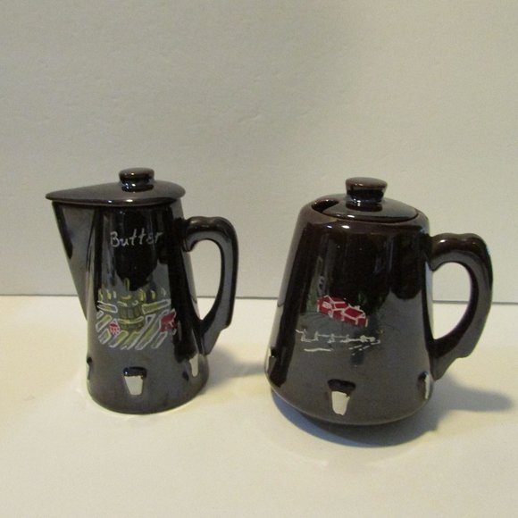 vtg redware pottery pankcake batter butter pitcher jam jar red barn kitchen - Picture 7 of 15